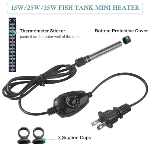 Image of HITOP 15W /25W /35W Mini Aquarium Heater Submersible Small Fish Tank Heater for up to 10Gallons Fish Tanks, Fish Bowls, Betta Heater with External Temperature Controller