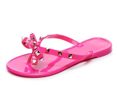 OMGard Studded Jelly Shoes for Womens Bow Flip Flops Jellies Sandals Flat Black Summer Beach Thong with Rivets Strappy Slides Slip On, Hot Pink, 3 UK