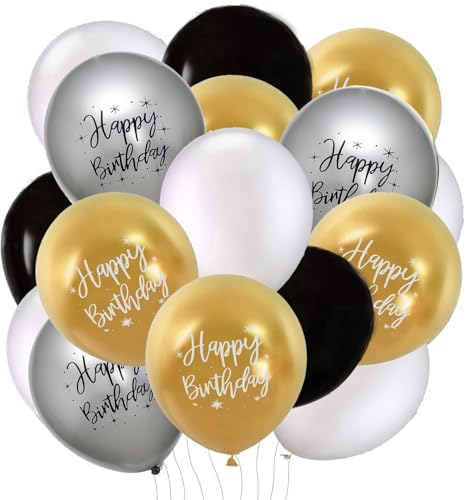 Ballons Happy Birthday pour fêter un anniversaire inoubliable avec une décoration chic noir et blanc