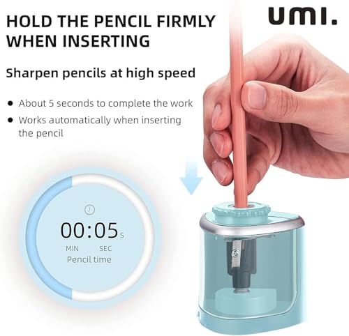 Image of Amazon Brand - Umi Electric Pencil Sharpener, Portable Battery-Powered Sharpener with Transparent Shavings Box, Fits 6-8mm Pencils, Dual Automatic & Manual Modes for School, Office, Home Use (Blue)