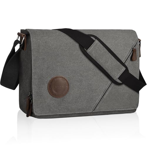 Eshow Umhängetasche Herren 13 Zoll Wasserabweisend, Laptoptasche Messenger Bag aus Echtleder und Canvas, Arbeitstasche Schultertasche Vintage für Arbeit Uni Freizeit Büro Grau