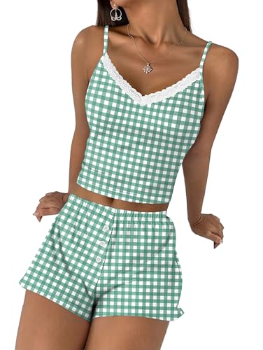 Image of Ekouaer Cami Pajama Sets Y2K 2 Piece Lace Crop Top and Shorts Sexy Pjs Summer Lingerie Sleepwear Nightwear for Women