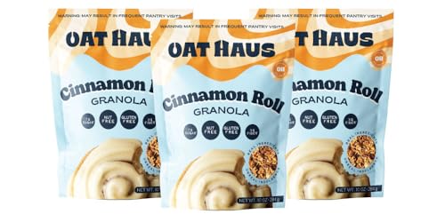 Oat Haus Cinnamon Roll Granola 3 Pack – Low Sugar (7g), 3g Fiber, Gluten Free, Vegan, Nut-Free - Cinnamon Swirl Frosted Crunch, Resealable Pouch