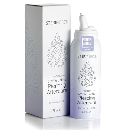 SteriPierce Large Sterile Saline Solution Piercing Cleaning Solution for Nose Ears and Body Piercings Contactless with Angled Nozzle Non-Irritating and Hypoallergenic Vegan Cruelty Free (175ml)