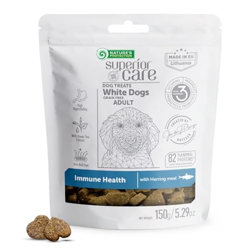 Nature's Protection Grain Free Low Calorie Dog Treats - Functional Treats for Immunity, Training Treats for Small, Medium & Large Breed Adult Dogs with Light Fur (Superior Care - Herring, 5.29 oz)