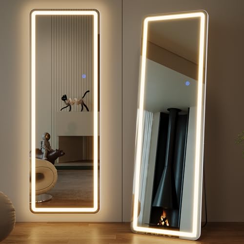 ZKIODV Full Length Mirror with Lights, LED Full Body Mirror, Wall Mirror with 3 Colors & Dimmable Lighting, Floor Standing Mirror for Bedroom & Living Room, Aluminum Frame - White, 160 x 50 cm by ZKIODV - Used condition - CA$172.32
