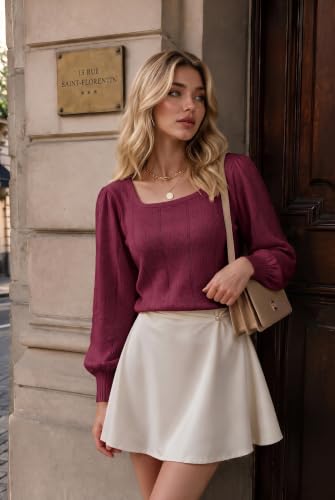 Image of HOTOUCH Sweaters for Women 2026 Fall Trendy Tops Casual Puff Sleeve Square Neck Cute Tunic Pullover Blouses XS-XXL