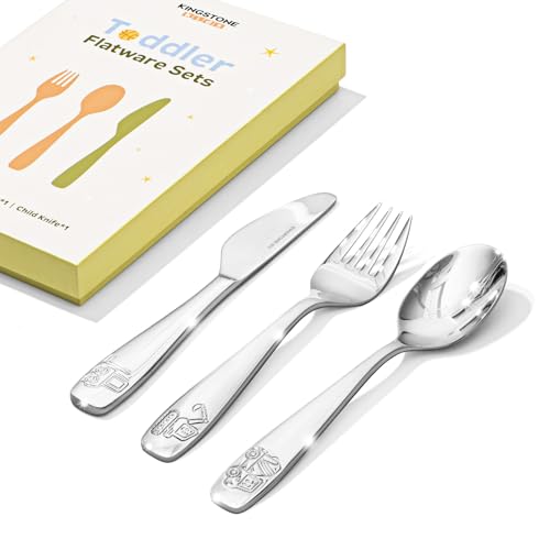 KINGSTONE Kids Silverware Set 3 Pieces, 18/10 Stainless Steel Fork, Spoon & Knife, Construction Vehicle, Digger & Dump Truck Kids Utensils, Food-Grade, Dishwasher Safe for Children Daily Use
