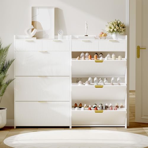 GarveeHome Wave Design Shoe Cabinet with 3 Slip Drawers, 2 Drawers, Raised Edges, Fluted Shoe Cabinet, Slim Hidden Shoe Organizer, Wooden Shoe Storage for Entryway, Front Door, Living Room, White