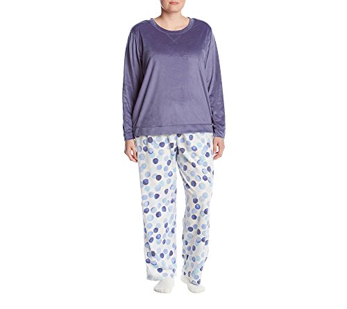 HUE Women's Sueded Fleece Long Sleeve Tee and Pant 3 Piece Pajama Set, Blue Indigo/Bubble dots, Small
