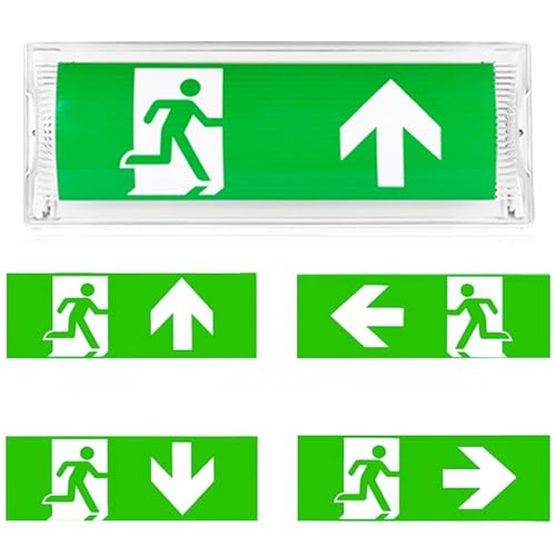 Iluminación de emergencia LED, lámpara de emergencia con batería de emergencia de hasta 3 h, luz de salida de emergencia, señal de salida de emergencia, incluye 4 pictogramas de salida de emergencia,