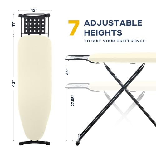 Ironing Board Full Size, RAINHOL Compact Iron Board with Iron Rest, Heat Resistant Cover with Ultra Thick Padding, Height Adjustable Heavy Duty for Home, Dorm, 43x13 Ivory