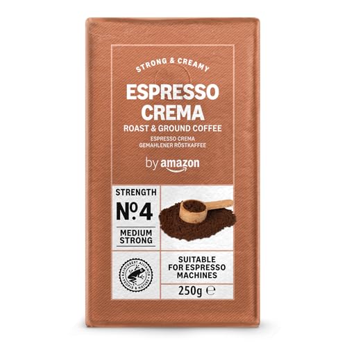 by Amazon Espresso Crema Macinato, Tostatura chiara, caffeinato, 250 g, Confezione da 4 - Certificato Rainforest Alliance