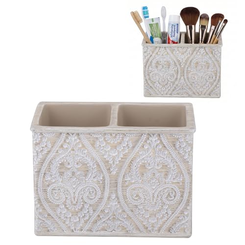 Kook Time Organisateur Maquillage et Brosses à Dents Double Série Damask - Pot à Pinceaux, Crayons ou Salle de Bain - Motif Floral Relief - 14 x 7,5 x 10 cm...