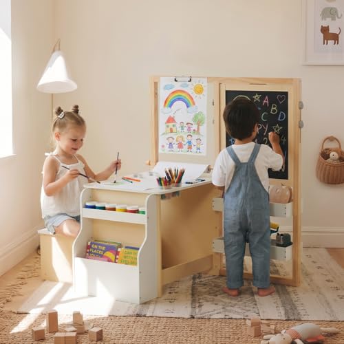 INFANS 3 in 1 Kids Art Table and Chair Set, Toddler Craft and Play Wood Activity Desk with Double-Sided Easel Blackboard Whiteboard, Paper Roll for Writing, Children Furniture for Daycare Nursery - image 2