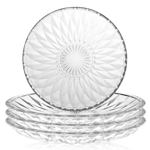 WHJY 6 Inch Clear Glass Plates 4 Pack Vintage Dinnerware Set Transparent Diamond Textured Dinner Plates for Home Party Wedding Crystal Glass Dishes for Fruit Salad Appetizer Dessert