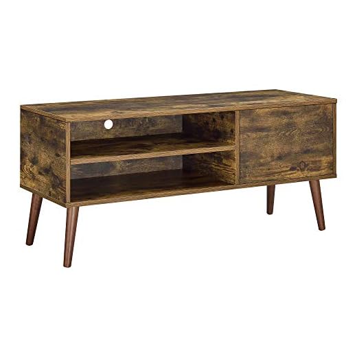 Tv-bänk Tv-skåp Mediaförvaring Sidobord Sideboard med Dörr 2 Öppna Hyllor Ben i Trä Max.20 kg Melaminbelagd Spånskiva Kabelgenomföring Mörk Träfärg 110x40x50cm