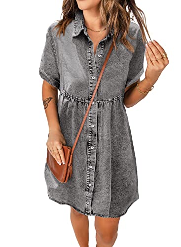 Image of Women's Denim Dress for Women Cute Blue Babydoll Denim Shirt Dress Denim Dress with Pockets