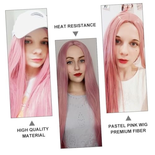 Postiche longue droite synthétique rose pour masquer un manque de volume