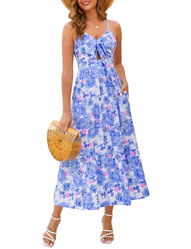 Kranda Resort Summer Dresses for Women 2026 Spring Sleeveless Long Sundress High Waist Tie Front V Neck Smocked Casual Ruffle Flowy Spaghetti Strap Beach Boho Floral Maxi Dress with Pockets Blue L