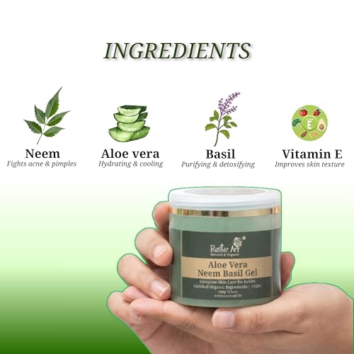 Rustic Art Neem Basil Aloe Vera Gel with Vit. B5 | Oil free moisturizer | Cooling, Soothing & Purifying Care | Acne Prone, Sensitive Skin | Vegan, Paraben-Free | Women & Men | 100g