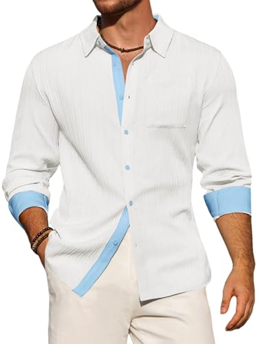Yousify Mens Button Down Shirts Long Sleeve Casual Textured Dress Shirt Wrinkle-Free Beach Tops with Pocket