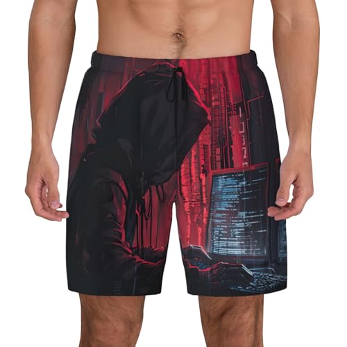 Hacker Attack Mens Double Polyester Swimsuit Trunks Swim Shorts with Compression Liner and Patch Pocket.
