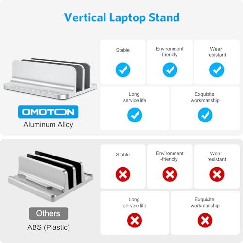 OMOTON Vertical Laptop Stand [Updated Double Version], Desktop Aluminum Mac Book Stand with Adjustable Dock Size, Fits All Mac Book, Surface, Chrome Book and Gaming Laptops (Up to 17.3 inch) (Silver) by OMOTON - Image 2