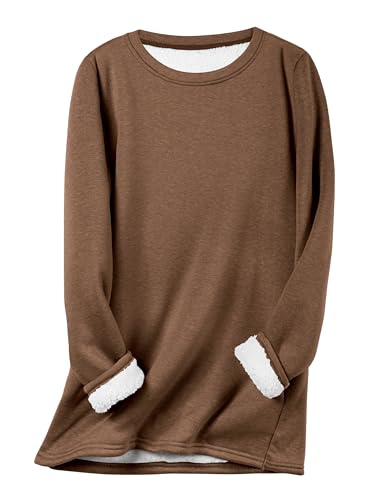 Flygo Women's Winter Warm Sherpa Lined Fleece Crewneck Sweatshirt Pullover Loungewear Tunic Tops(Brown-XL)