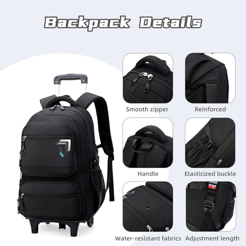 Boys Rolling Backpack, Kids Bookbag with Wheels,Kids Luggage on Wheels,Elementary School Black Trolley Back Pack4