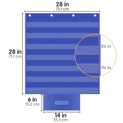 ALSLEA Standard Pocket Chart for Classroom with Zipper Storage Bag 28"x28" Wall Hanging File Display Pocket Chart with 7 Sentence Strips Holder Teacher Essential (Blue)
