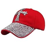 Women's Sparkle Cap Bling Cross Baseball Rhinestones Hat Jesus Christ Denim Red Adjustable (Red),...