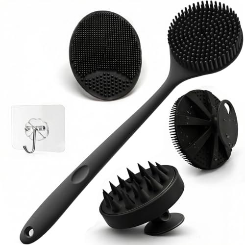Image of 5 PCS 4-in-1 Silicone Bath Brush Set, Long Handle Back Scrubber, Body & Face Exfoliating Brush, Scalp Massager, Soap Dispensing Shower Brush, Bath Essentials Set For Men & Women with 1 Hook