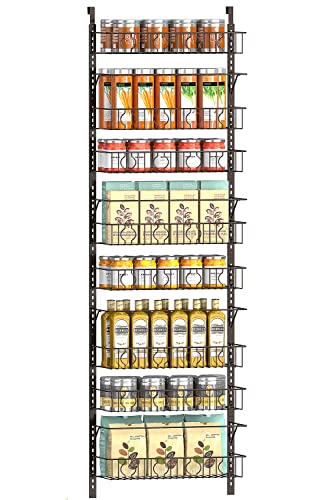 8-Tier Over the Door Spice Rack, Hanging Pantry Door Organizer Rack, Kitchen Metal Storage Rack with Detachable Baskets, Over Door Cabinet Organization Rack for Kitchen, Bathroom, Closet (Brown)