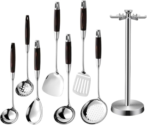 Set di utensili da cucina in acciaio inossidabile 316 con manico in legno anti-scottatura per cucinare utensili da cucina in metallo, set di utensili da cucina con supporto girevole da appoggio