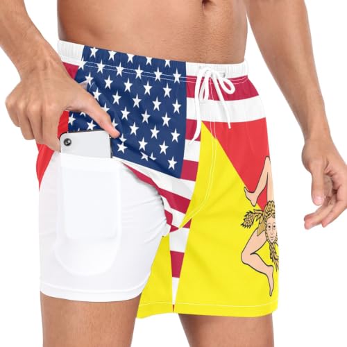 Short de plage pour homme drapeau USA et Sicile en polyester spandex doux