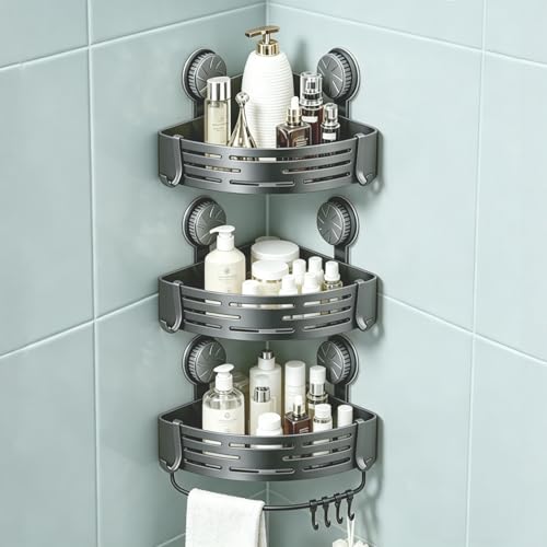 LOOCH 3 Pack Plastic Corner Shower Caddy with Twist-Lock Suction Cups & a Pre-Applied Adhesive Layer The No-Drill Shower Organizer with Towel Bar & Drain Holes for Bathroom Storage & DecorGrey