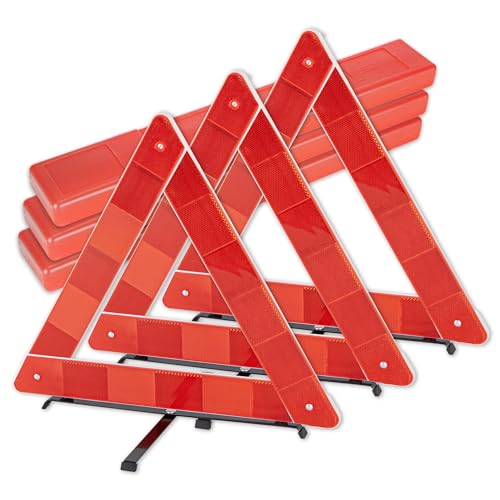 CARTMAN 3 Pack Warning Triangle Reflective Warning Road Safety Triangle Kit with Reinforced Cross Base and Carrying Case
