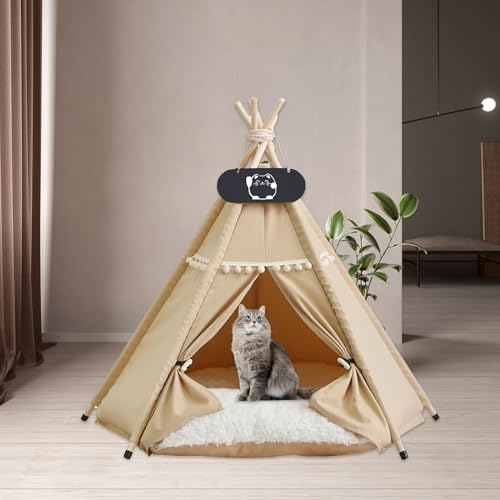 Whiwhi Tipi Zelt für Haustiere mit Doppelseitigem Kissen Hundezelt Abnehmbar und Waschbar Luxery Hundehöhle Katzenzelt und Haustierhäuser 60x60x70cm