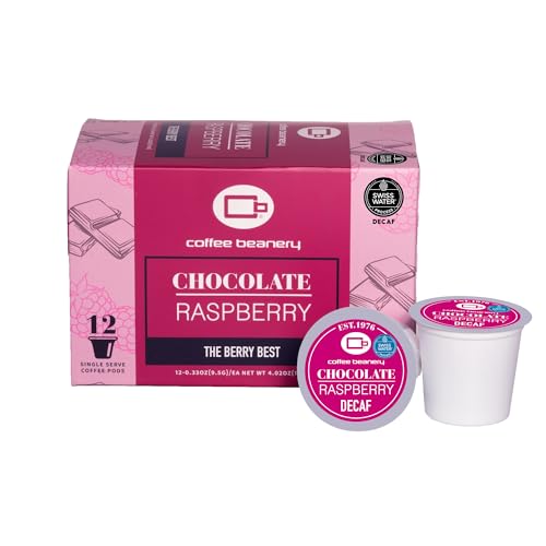 Decaf Chocolate Raspberry Coffee Pods product box and a single pod
