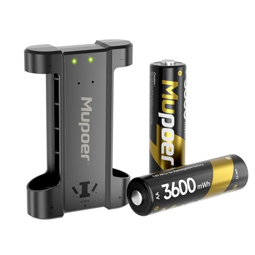Image of Mupoer Rechargeable AA Batteries Lithium with Charger,3600mWh AA Lithium Batteries 2 Count 1.5V,Double A Batteries Rechargeable High Capacity,Pilas Recargables AA,Two A Li ion for Blink