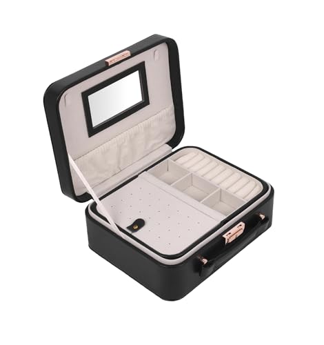 Image of BUCKETLIST PU Leather Jewellery Organizer Box with Mirror & Necklace Hooks | Large Multi-Compartment Jewelry Storage Case with Removable Tray & Mini Travel Box (Luxury Jewelry Box with Mirror (Black)