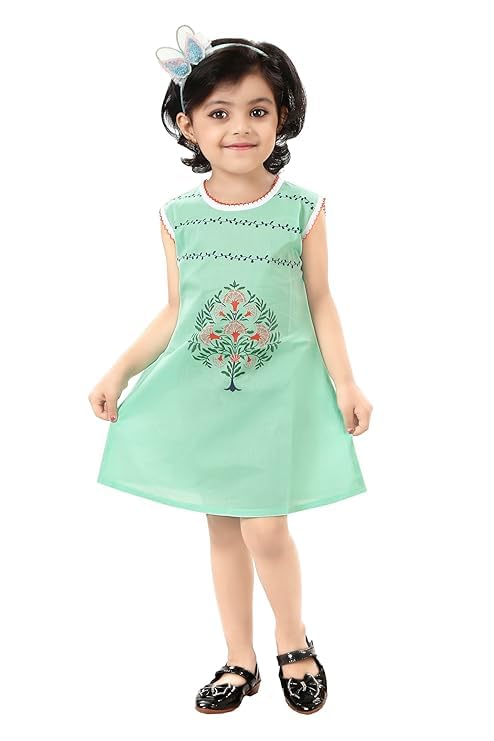 Girls Cotton Summer Dress, Sleeveless A-Line with Whale Embroidery, Pearl Trim Neckline