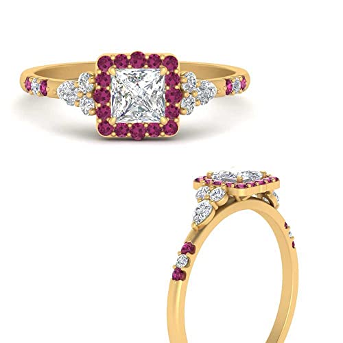 Image of Choose Your Color 14k Yellow Gold Plated Princess Shape Petite Engagement Rings Halo Edwardian Engagement Ring Everyday Wedding Jewelry Handmade Gifts for Wife : US Size 4 to 12