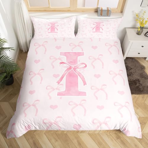 Homewish Lettera I Copripiumino Matrimoniale per Ragazze Adolescenti Donne Estetica Coquette Bowknot Set di biancheria da letto Rosa Carino Love Heart Copripiumino Leggero Alfabeto Dreamy Princess