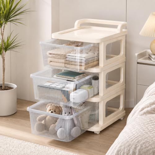 Image of Heavy Duty Plastic Storage Drawer with Wheels | Modular Cabinet for Bedroom, Office, Home or Classroom| Chest of Drawers Organiser for Cosmetics, Kitchen items, Toys (White Transparent, 3)