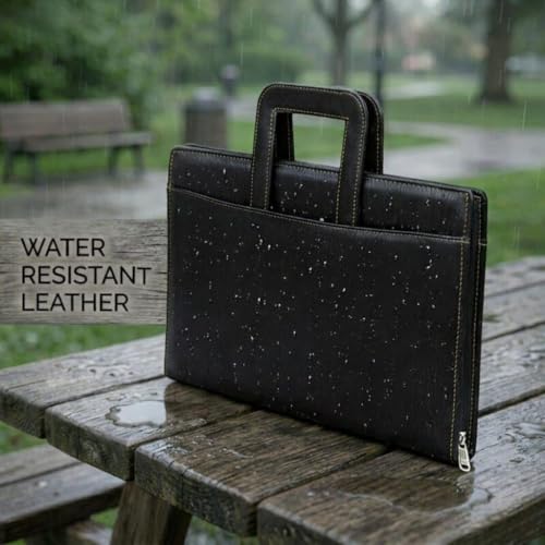 Image of STREPE ZK Black Leather File Organizer Bag with Handle, Zipper Portfolio Folder for Documents, Certificates, Cards & Tablet, Office Business Travel Case for Men & Women