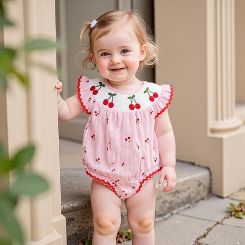 Newborn Smocked Baby Girl Bubble Romper Sleeveless Ruffle Linen Bodysuit Infant Cherry Fruit Summer Outfit3