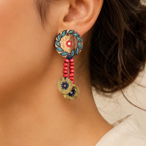 Image of Royal Queen & Empress Handcrafted Tribal Dhokra Earrings Collection for Women - Wooden, Fabric & Round Statement Ethnic Designs in Multiple Colours