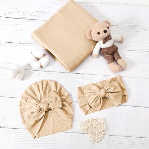 Image of DRESHOW BQUBO Baby Girl Newborn Receiving Blankets with Bow Hat Headband Wooden Birth Announcement Card Set Newborn Baby Swaddle Wrap Set Warm Shower Gift